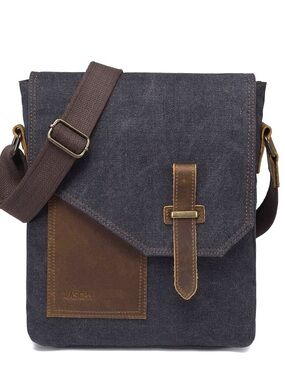💌VASCHY Unisex Dark Gray Denim Canvas Crossbody Messenger Bag w/ Leather Accents